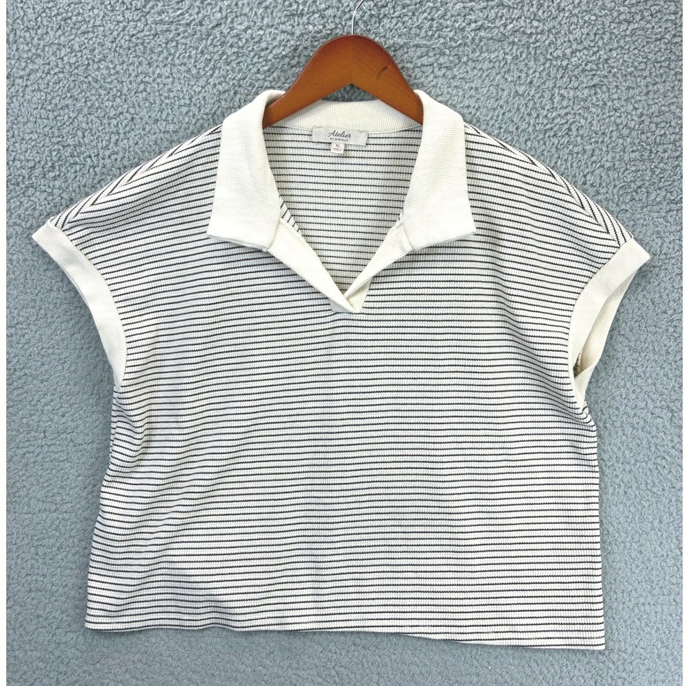 Atelier By Kirious Textured Striped Knit Polo Top Womens XL Cream Black Preppy